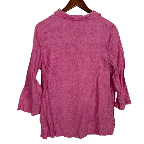 Tahari Pink Linen 3/4 Sleeve V-Neck Tunic Top Women's Large Button Side Detail - Picture 4 of 5